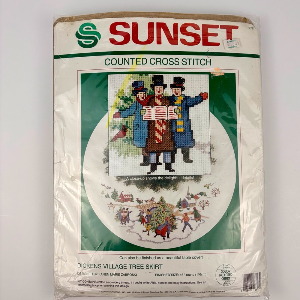 Sunset Counted Cross Stitch Kit Dickens Village Tree Skirt 1990 Open Package